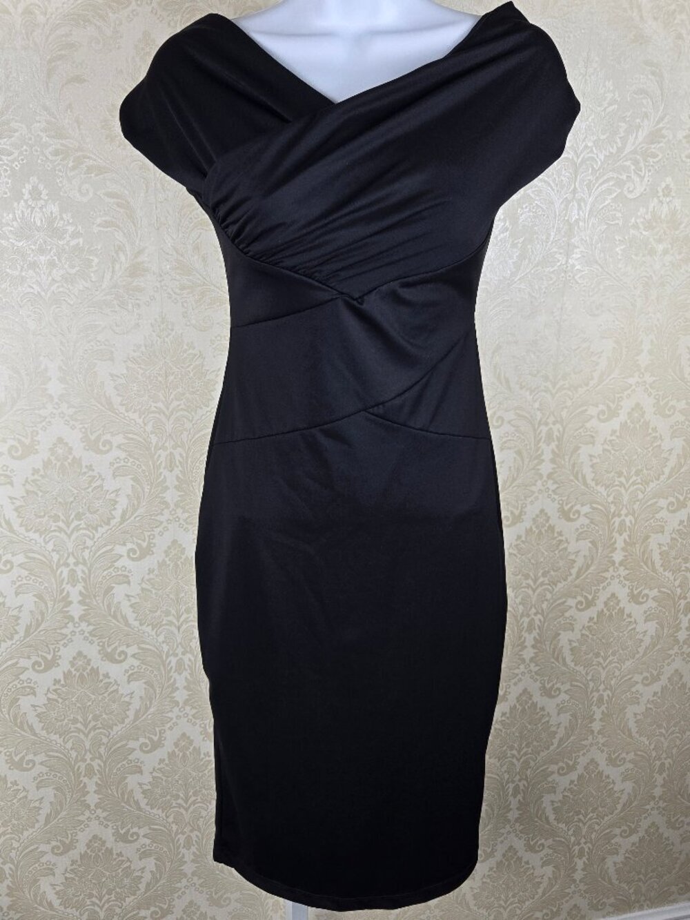 Popilush Sz Small Black Off Shoulder Wrap V-neck Midi Dress Cocktail Sheath NWT